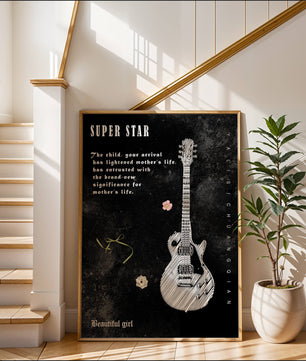 Ilustración de guitarra en blanco y negro artística con texto conmovedor