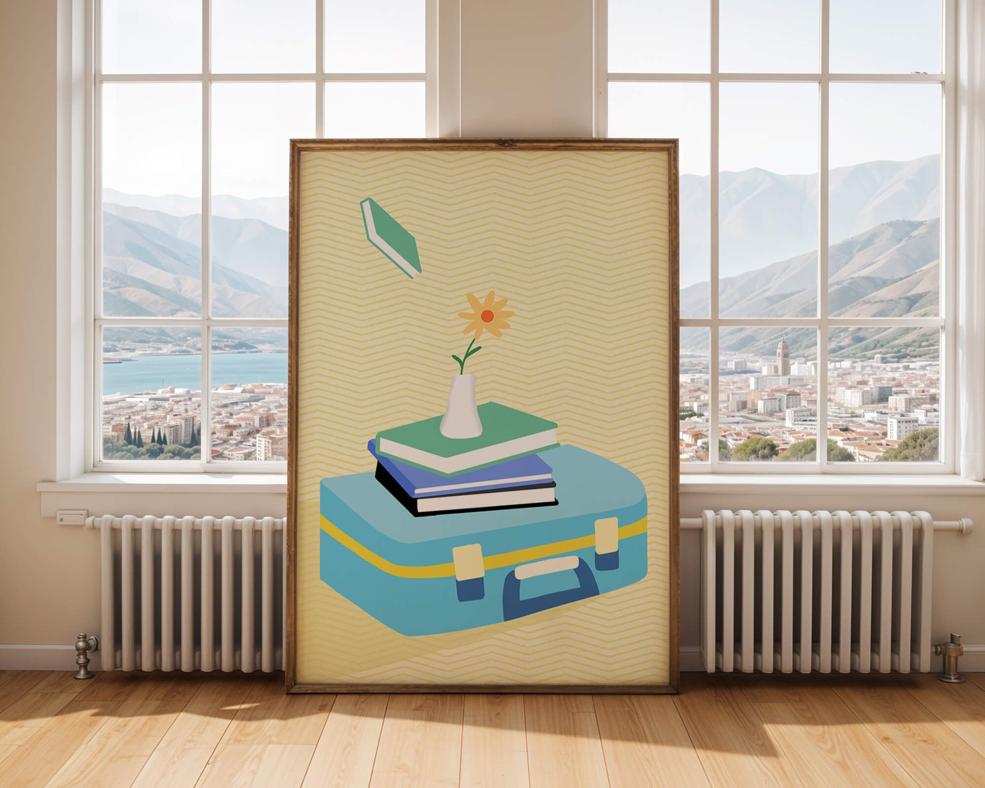 Colorful still life with books, flower vase, and suitcase