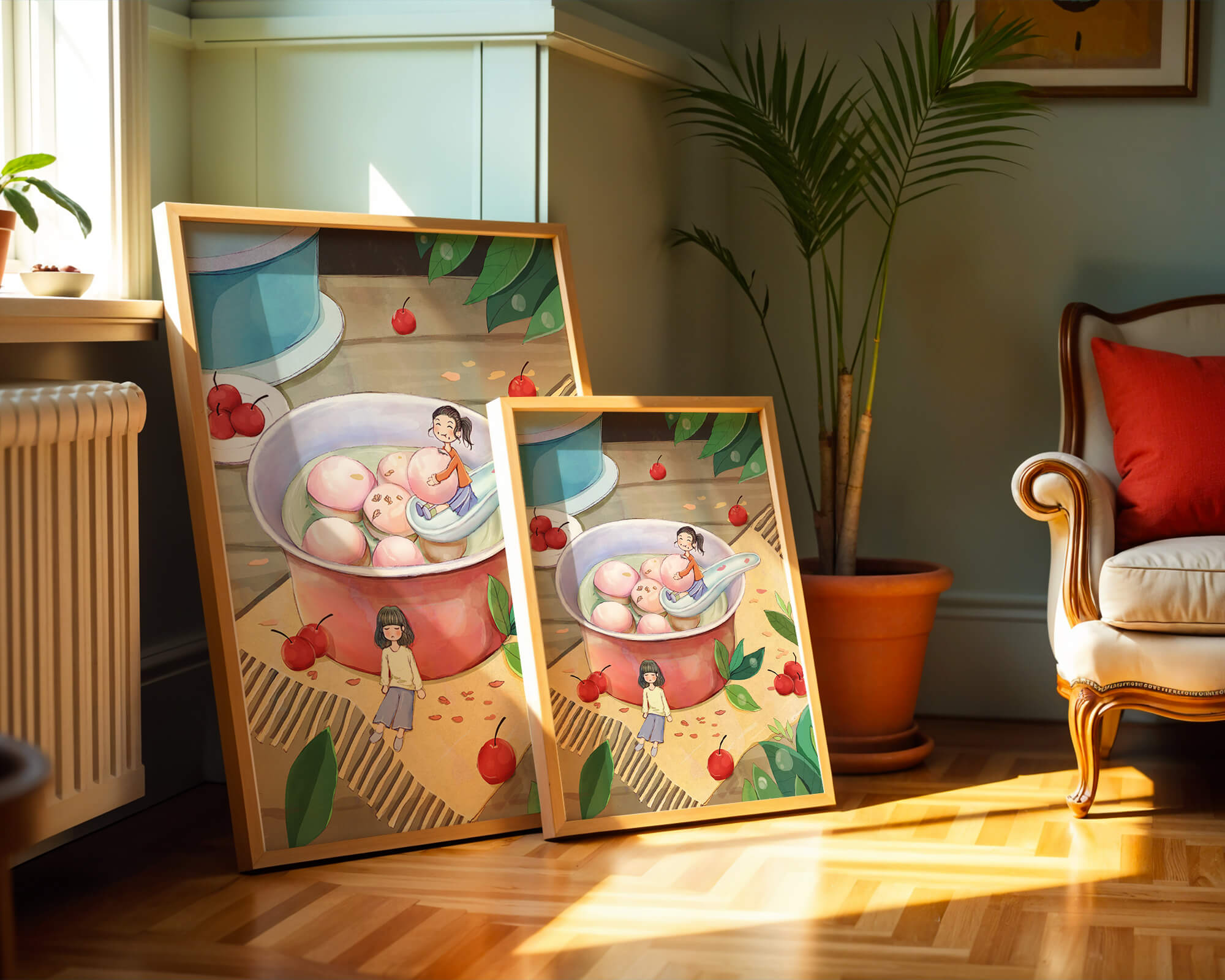 Charming illustration of children with dessert in a whimsical setting