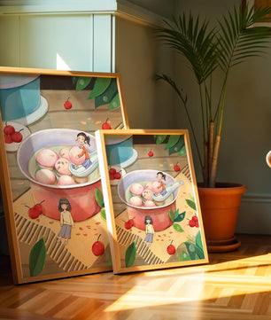 Charming illustration of children with dessert in a whimsical setting