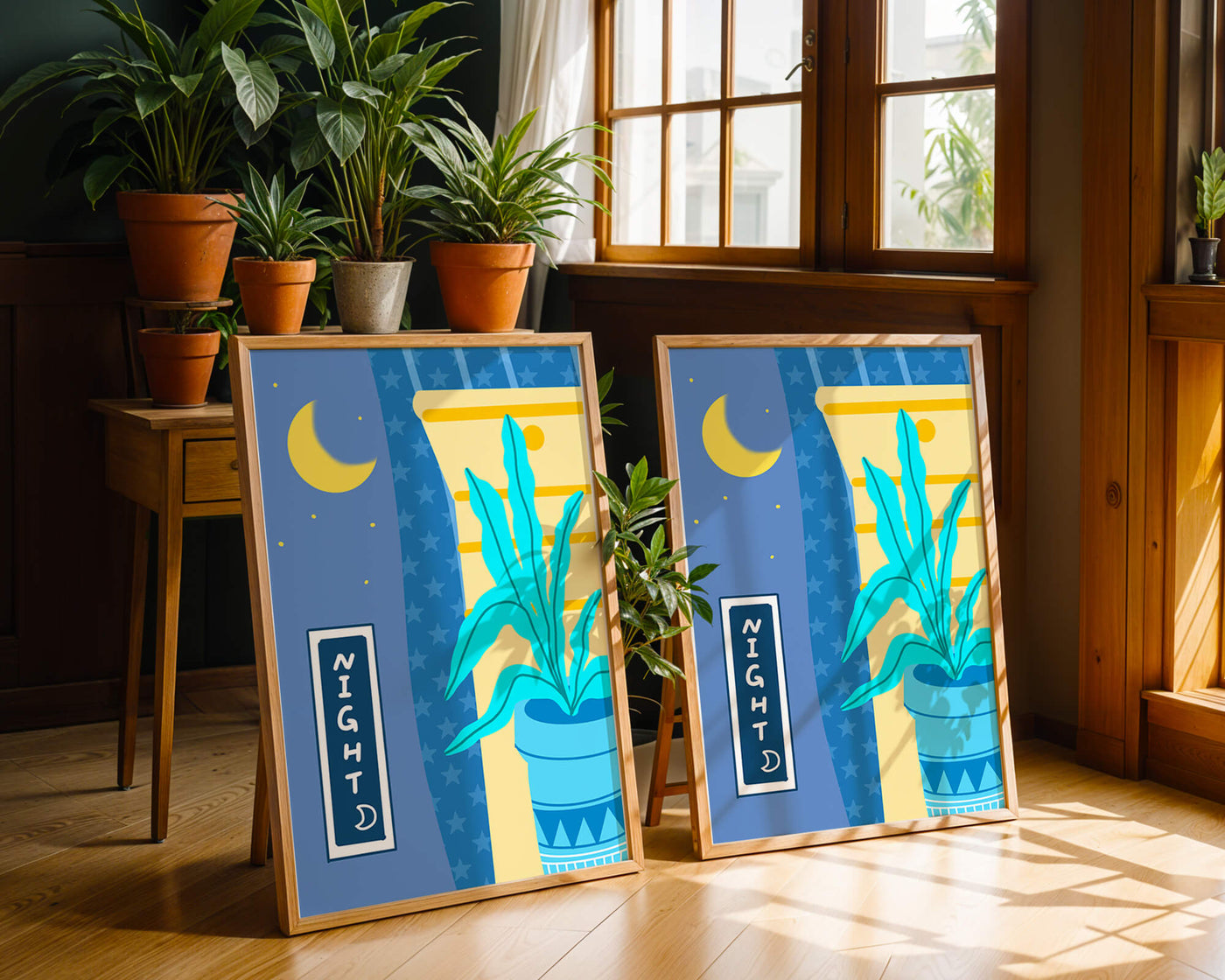 Nighttime plant illustration with crescent moon and starry background