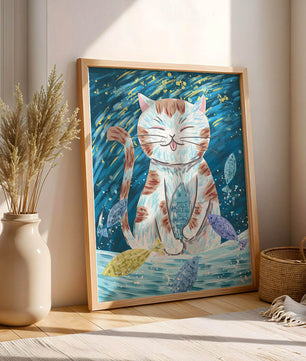 Gato caprichoso con peces coloridos y pinceladas juguetonas