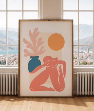 Figura desnuda abstracta con jarrón y sol en estilo minimalista