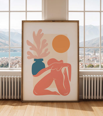 Abstract Nude Figure with Vase and Sun in Minimalist Style