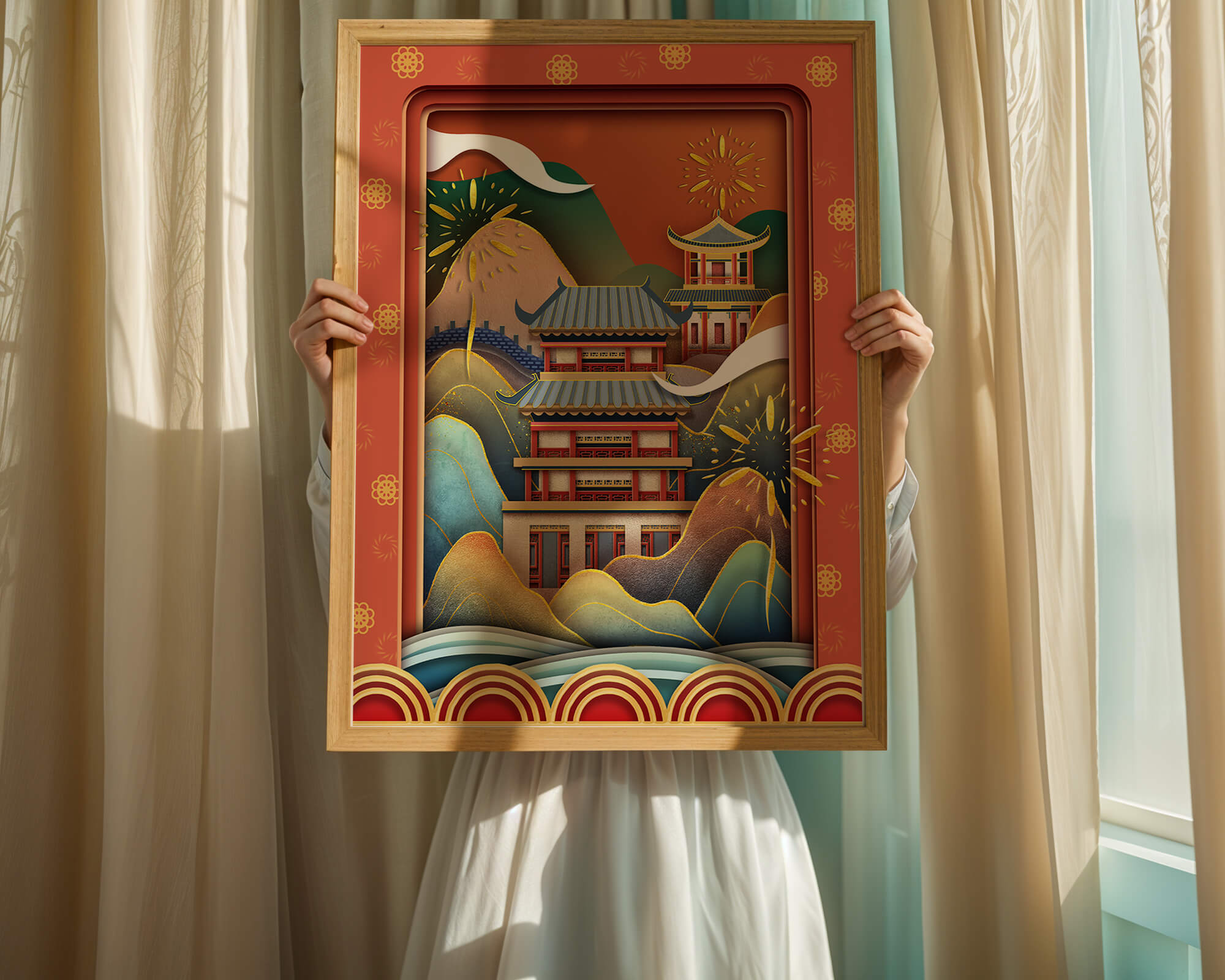 Traditional Asian architecture with fireworks and vibrant mountains