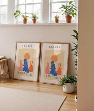 Modern abstract art poster featuring the sun and a serene figure in blue and coral tones - Mi tienda