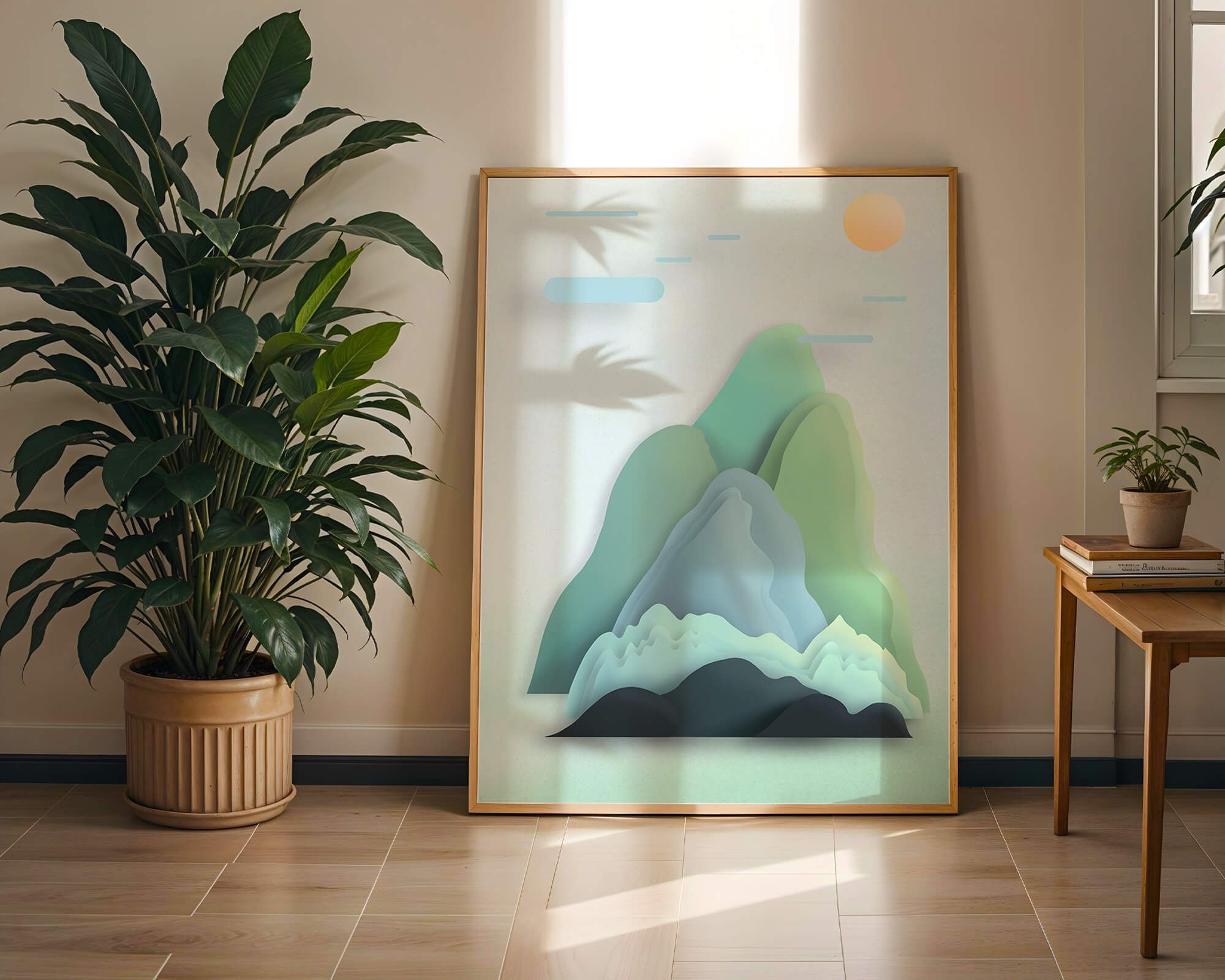 Minimalistic mountain landscape with vibrant colors and abstract layers