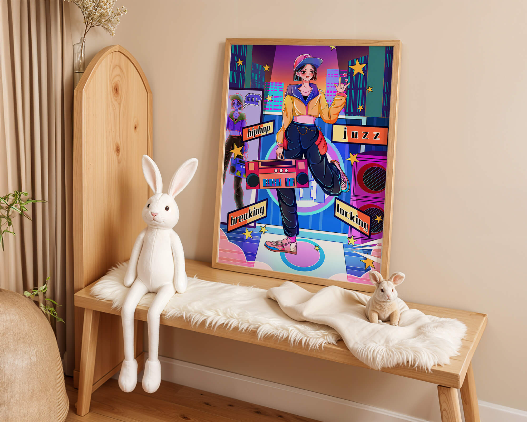 Colorful urban dance scene with hip hop and jazz elements