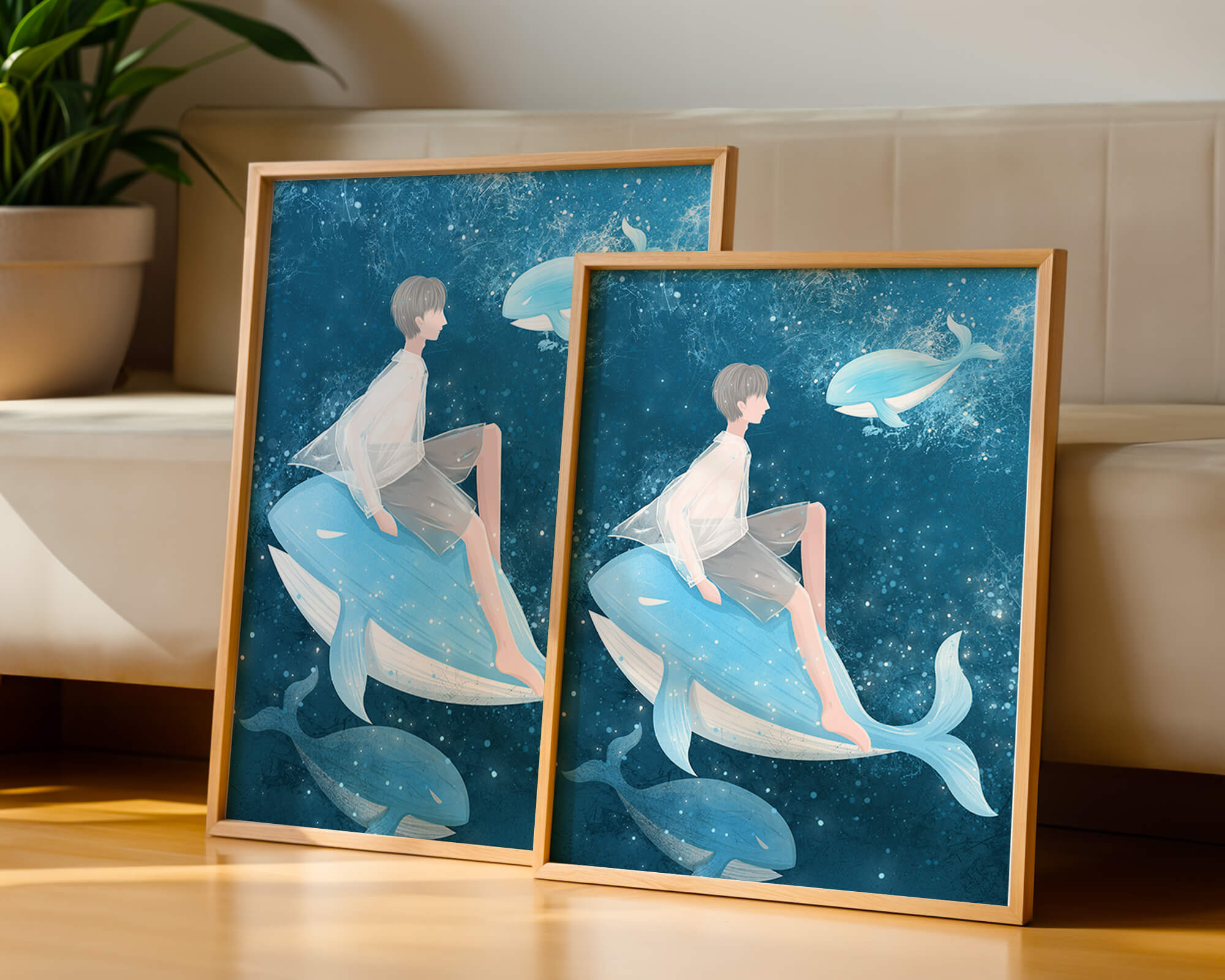 Fantasy illustration of person on blue whale in underwater scene