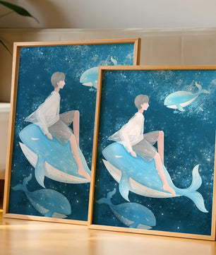 Illustration fantastique d'une personne sur une baleine bleue dans une scène sous-marine