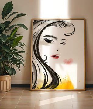 Dibujo de retrato elegante con labios rojos y motivo de corazón