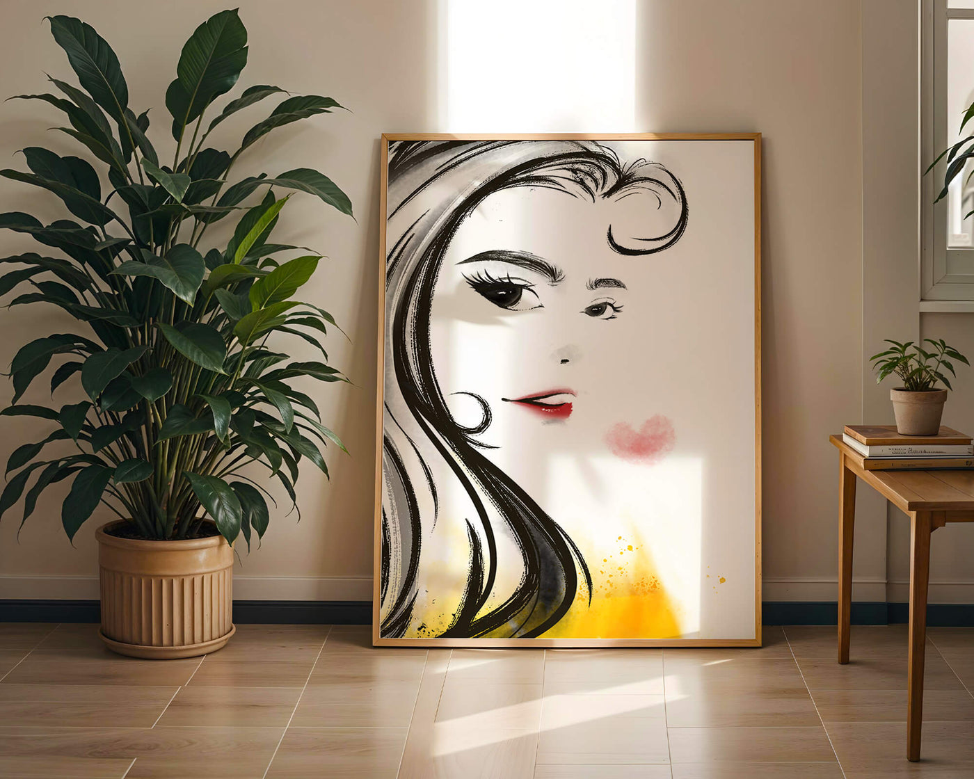 Elegant portrait sketch with red lips and a heart motif