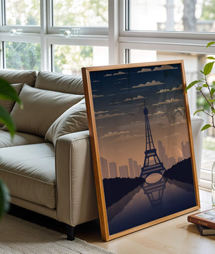Vista escénica de la Torre Eiffel al anochecer con reflejo del horizonte urbano