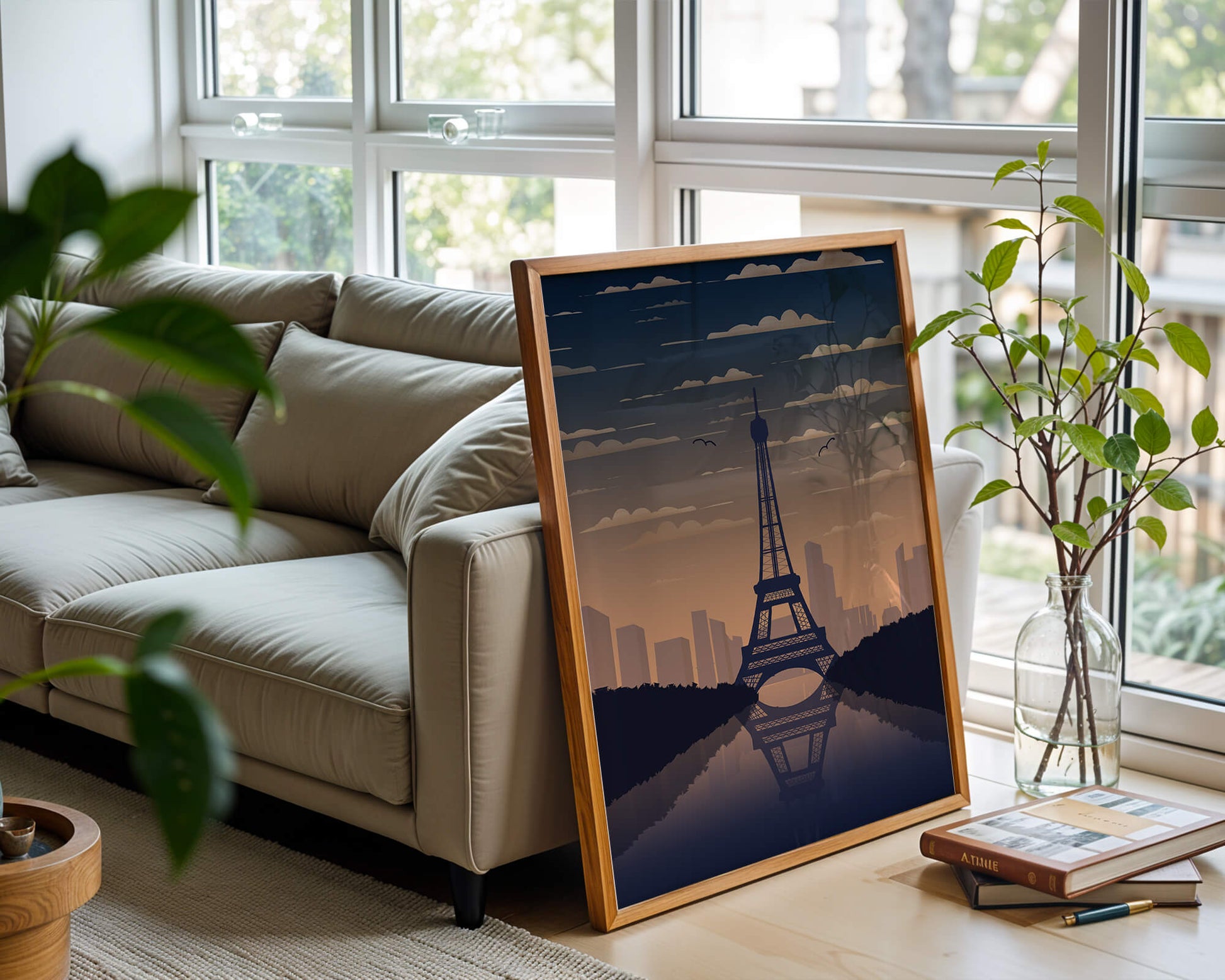 Scenic view of the Eiffel Tower at dusk with city skyline reflection