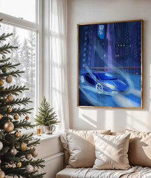 Futuristisches blaues Auto rast durch neonbeleuchtete, verregnete Stadtlandschaft
