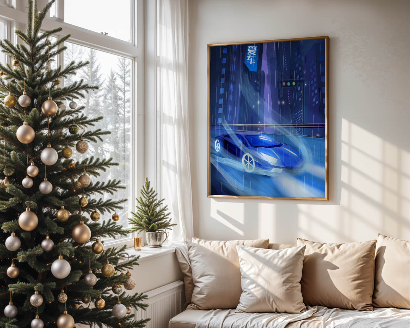 Futuristic blue car speeding through neon-lit rainy cityscape