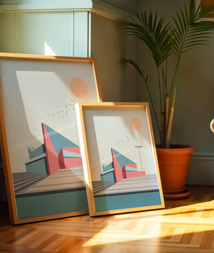 Ilustración arquitectónica moderna con diseño geométrico y atardecer