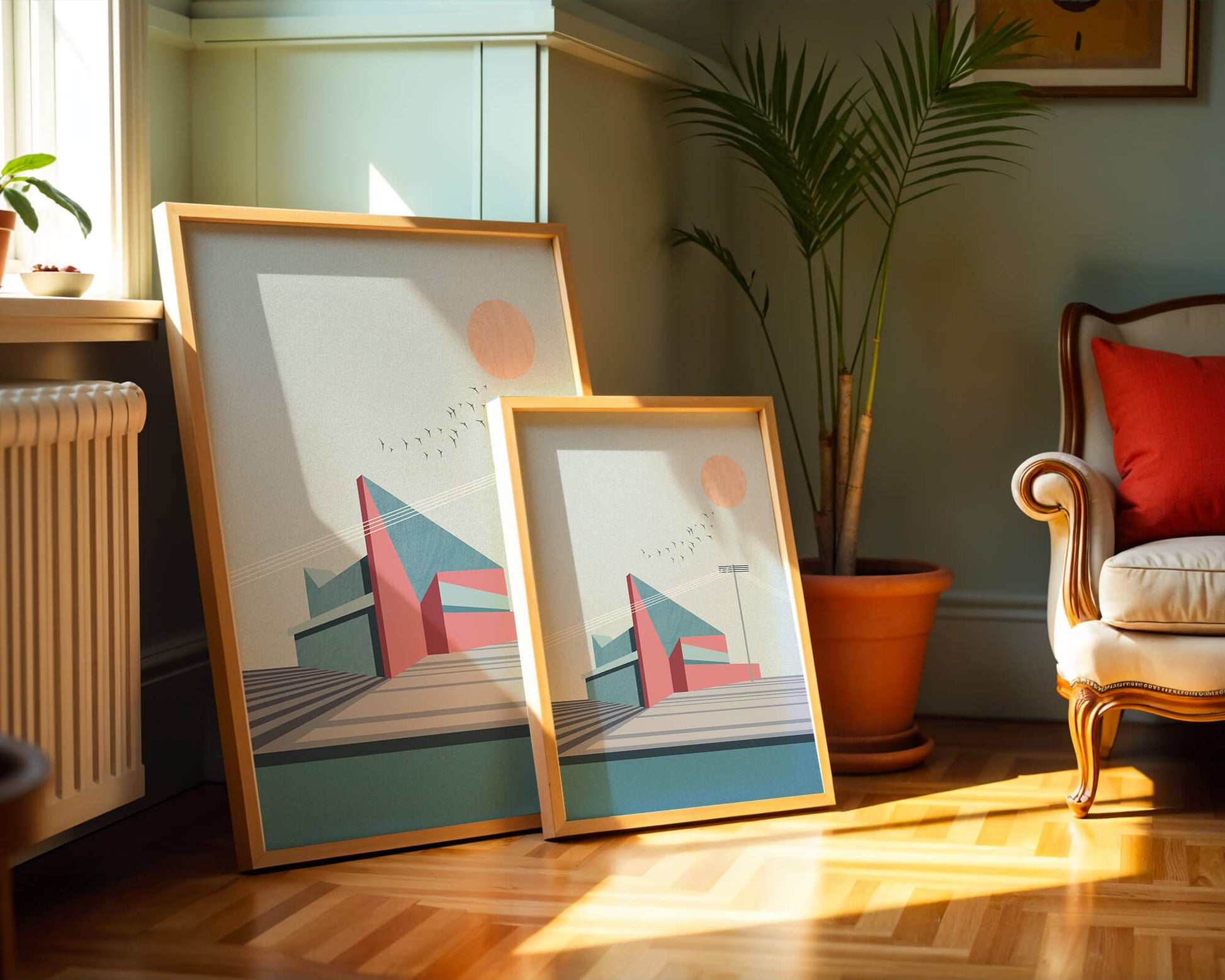 Ilustración arquitectónica moderna con diseño geométrico y atardecer