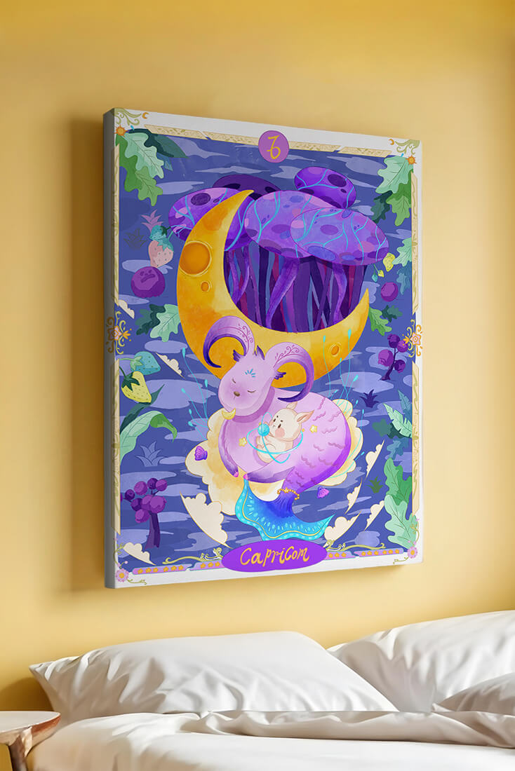 Colorful Capricorn zodiac illustration with fantasy elements