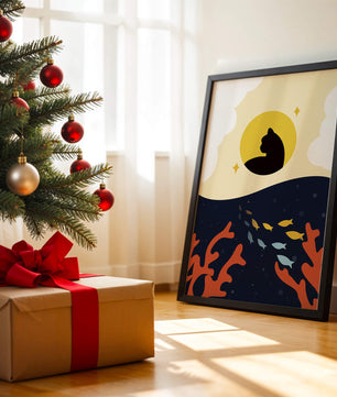 Ruhiges abstraktes Design mit Katzensilhouette und lebendiger Unterwasserszene