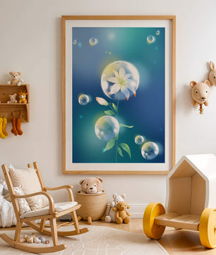 Zarte Blume in transparenten Blasen auf einem verträumten blauen Hintergrund