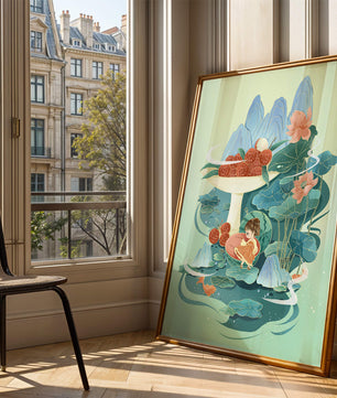 Whimsical illustration with girl, lychee, and lotus flowers