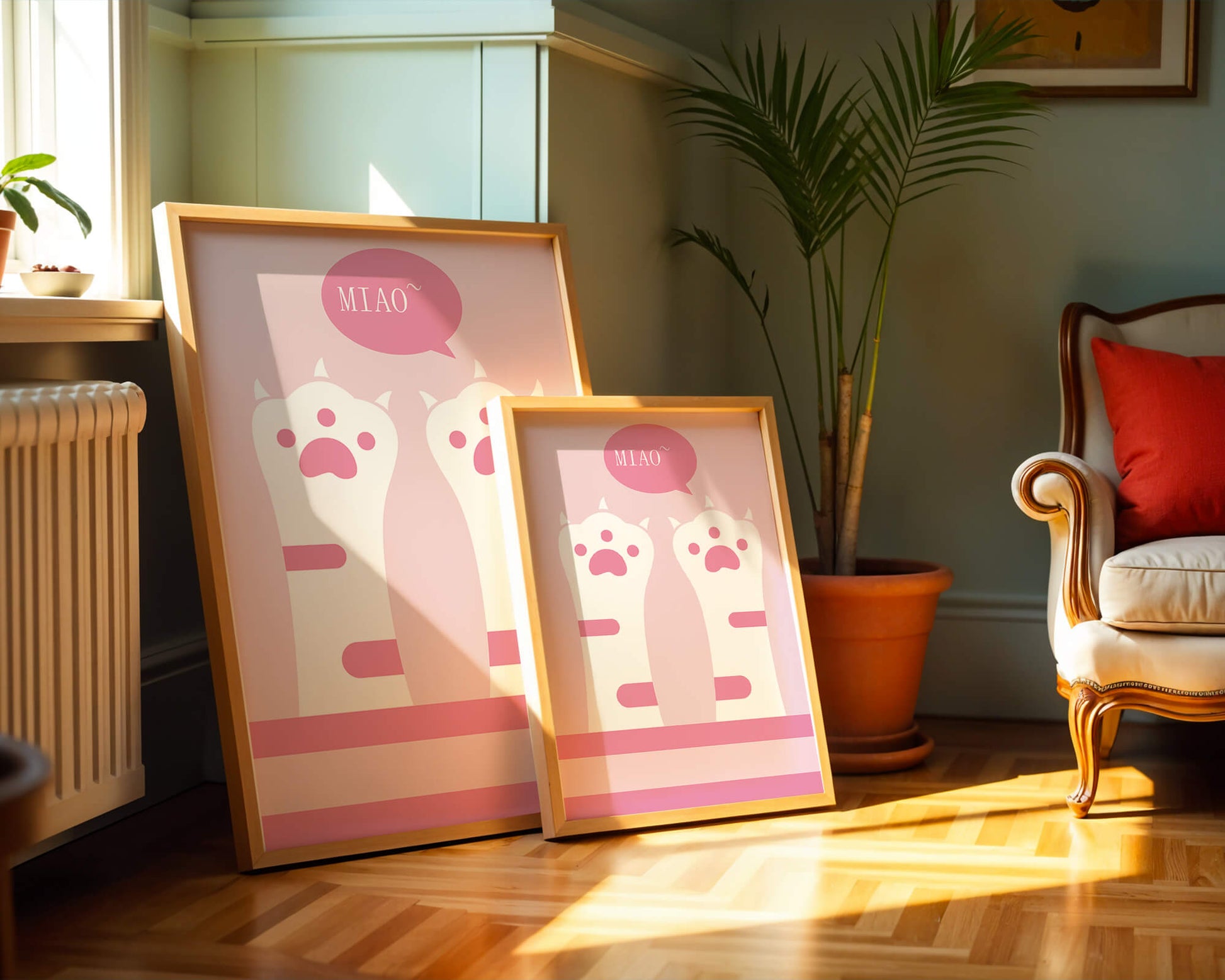 Playful cat paws illustration with speech bubble saying "Miao"