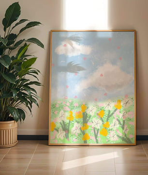 Paysage printanier avec nuages et fleurs