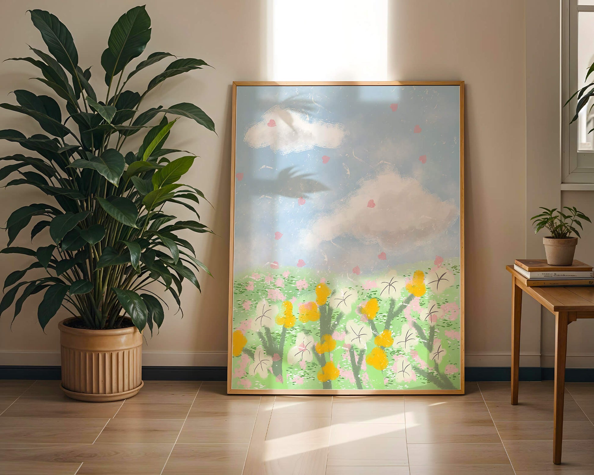 Paysage printanier avec nuages et fleurs
