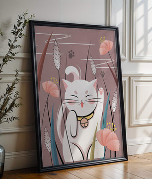 Ilustración de un gato maneki-neko en un entorno de jardín floral