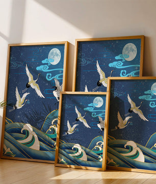 Una escena nocturna serena con grullas y olas al estilo del arte tradicional japonés