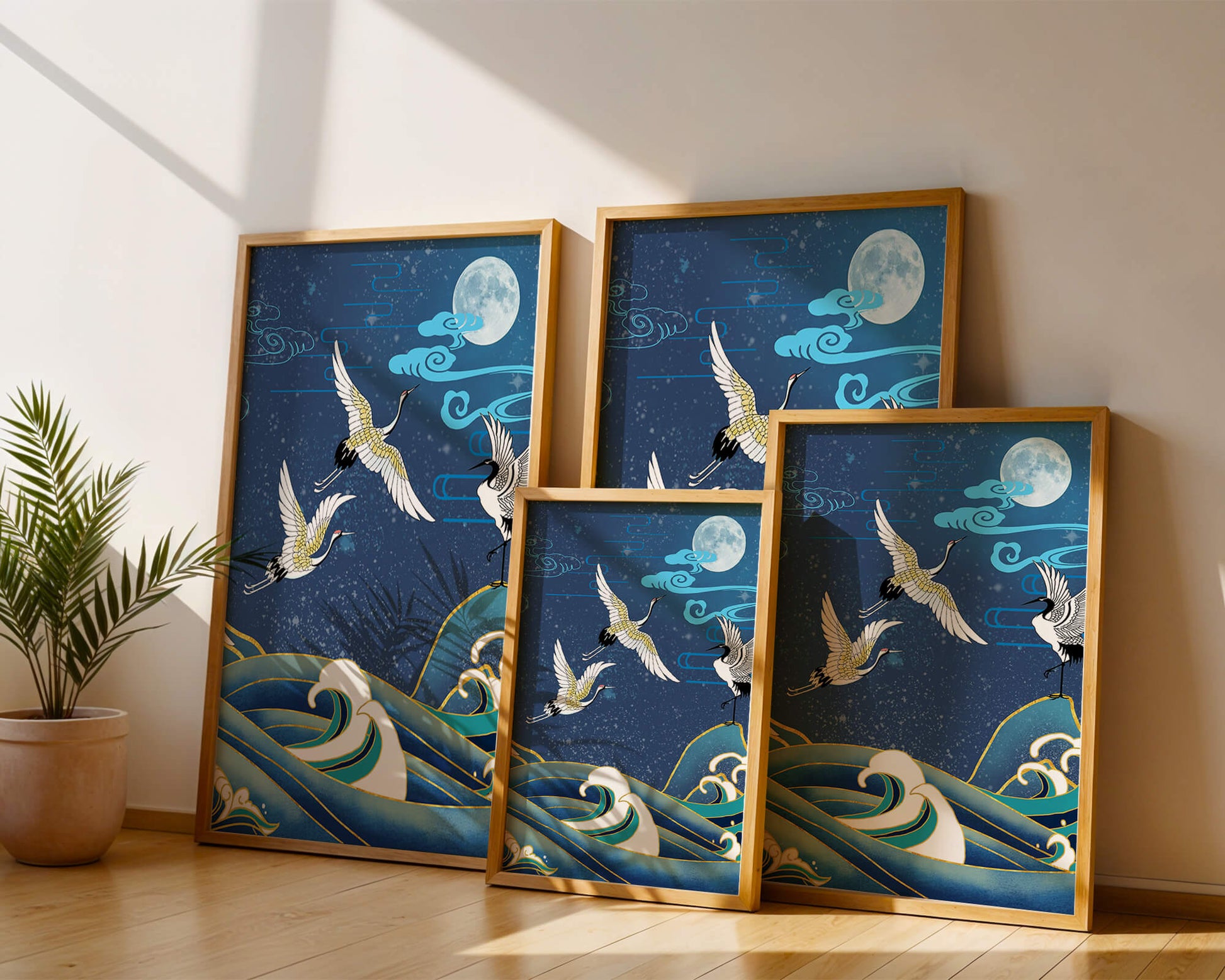 A Serene Night Scene with Cranes and Waves in Traditional Japanese Art Style