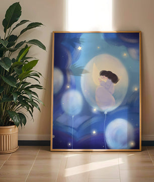 Dreamlike night sky with a girl on a moon enveloped by stars and balloons