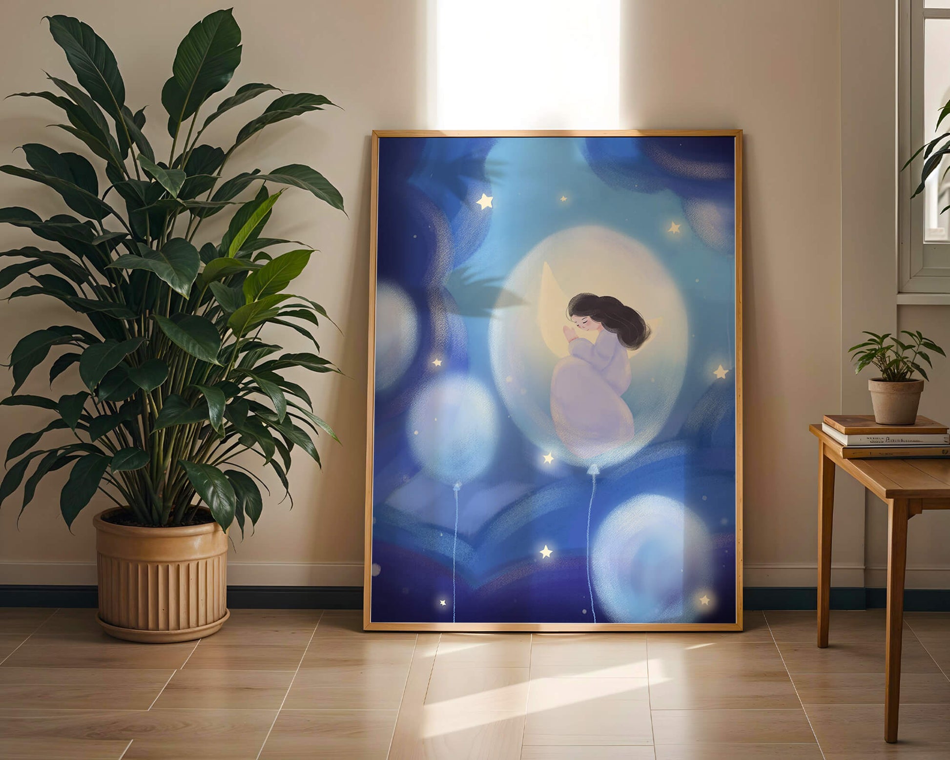 Dreamlike night sky with a girl on a moon enveloped by stars and balloons