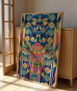 Obra de arte abstracta geométrica colorida con patrones simétricos