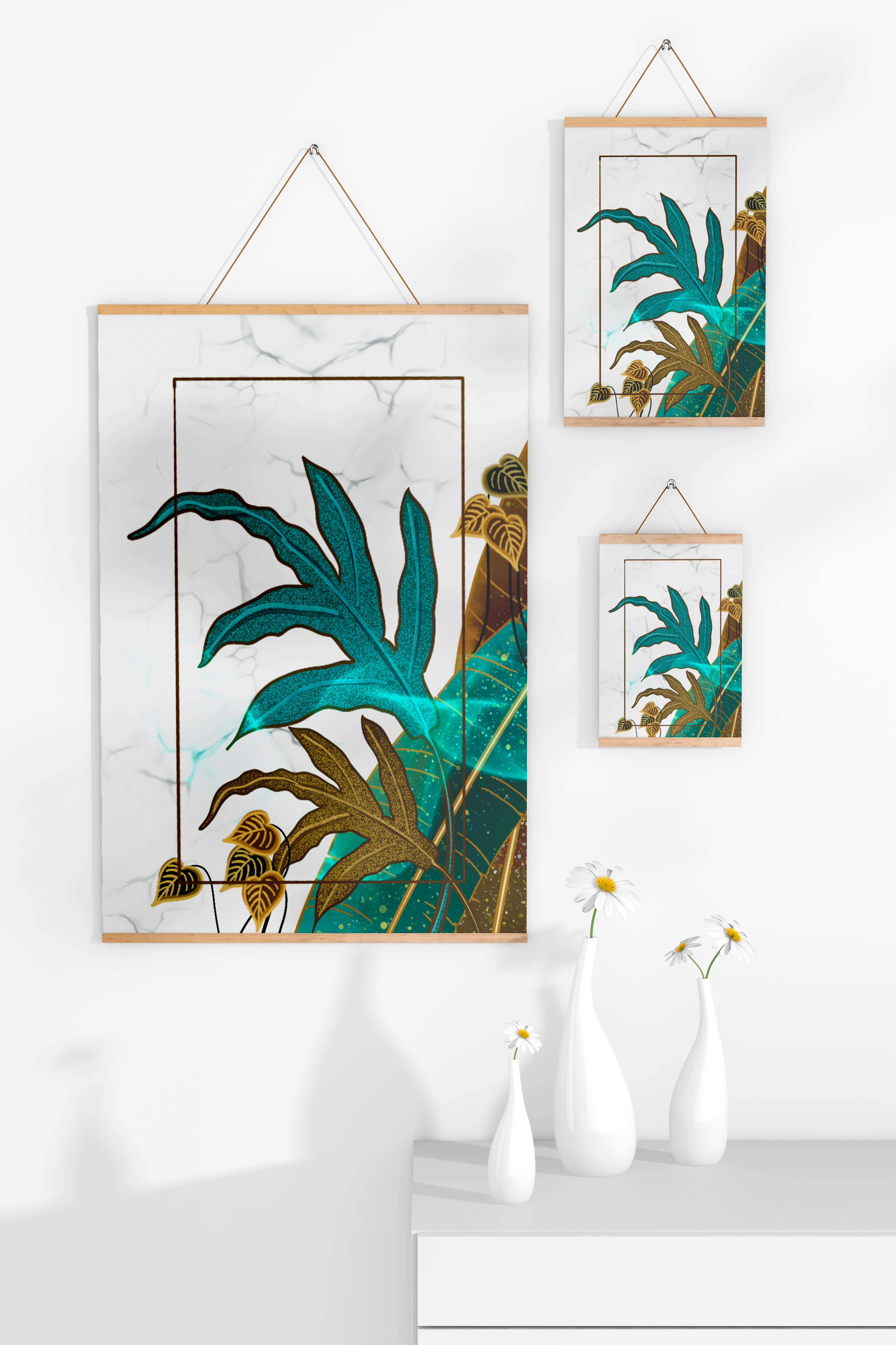 Abstract botanical art with blue and gold leafy designs