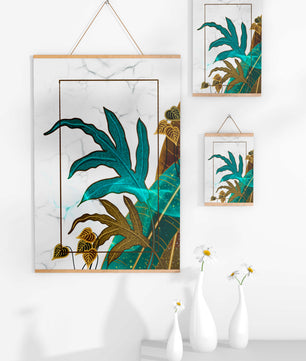Abstrakte botanische Kunst mit blauen und goldenen Blattmustern