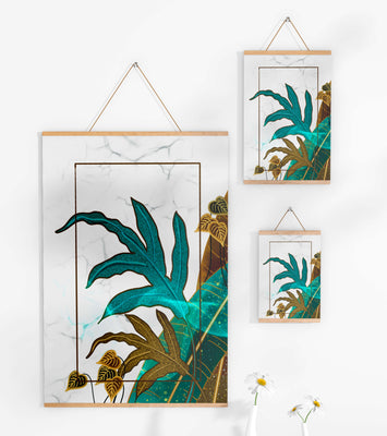 Abstract botanical art with blue and gold leafy designs