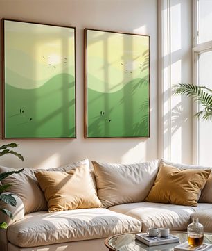 Paisaje minimalista con figuras silueteadas y aves al atardecer