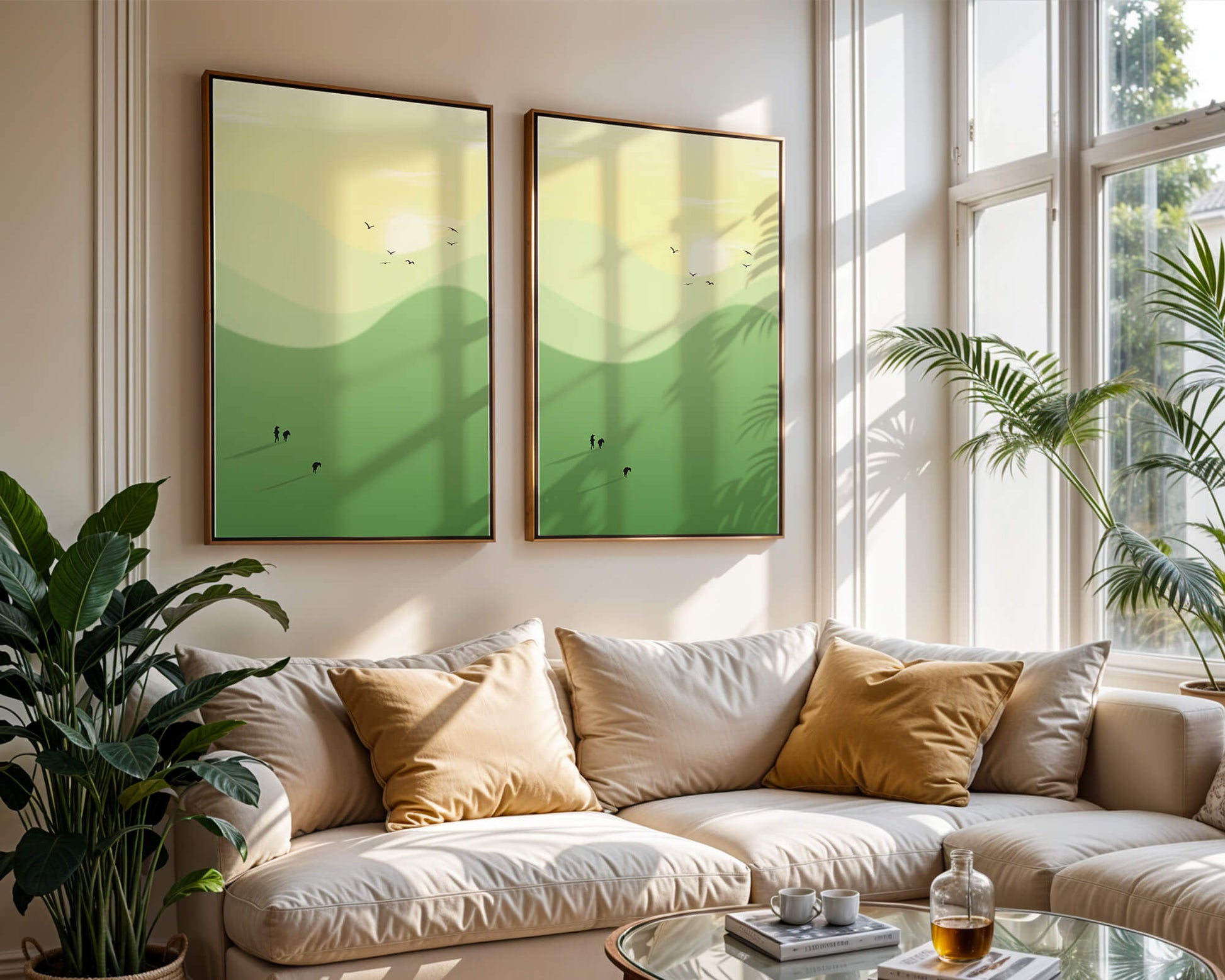 Paisaje minimalista con siluetas de personas y pájaros al atardecer