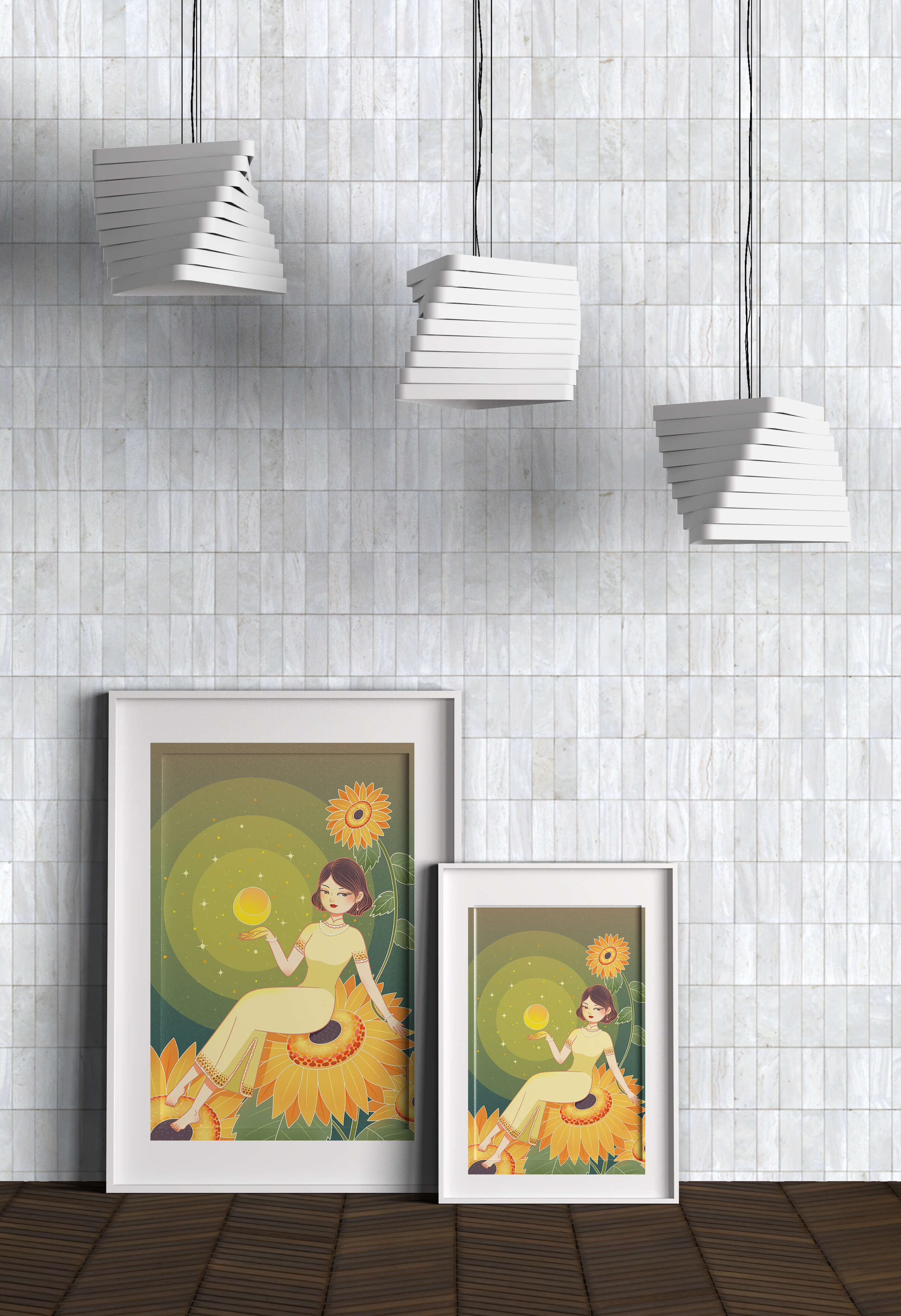 Elegant illustration of a woman on sunflowers with glowing orb
