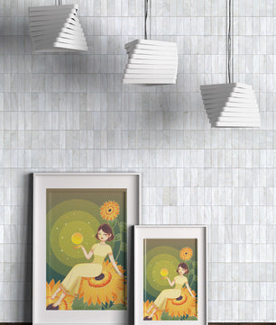 Elegant illustration of a woman on sunflowers with glowing orb