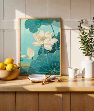Lotus Flowers with Golden Accents on Aqua Background