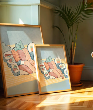 Illustration of assorted sushi rolls with shrimp and salmon on a bamboo mat