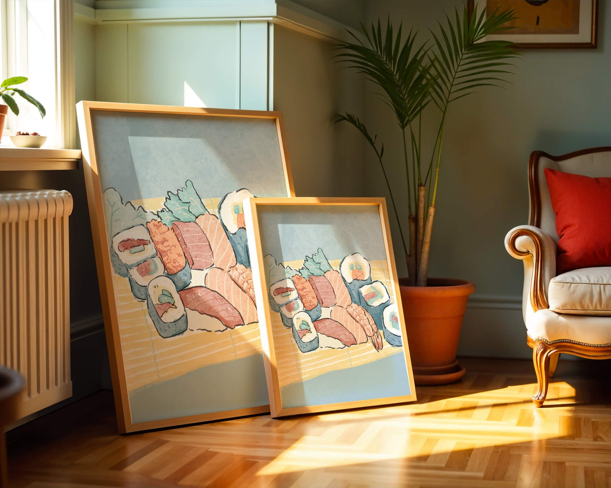 Illustration of assorted sushi rolls with shrimp and salmon on a bamboo mat