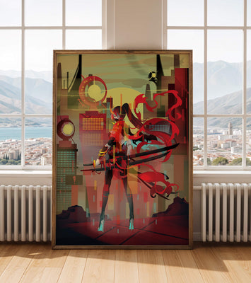 Futuristic warrior in a cyberpunk cityscape with swords and red accents