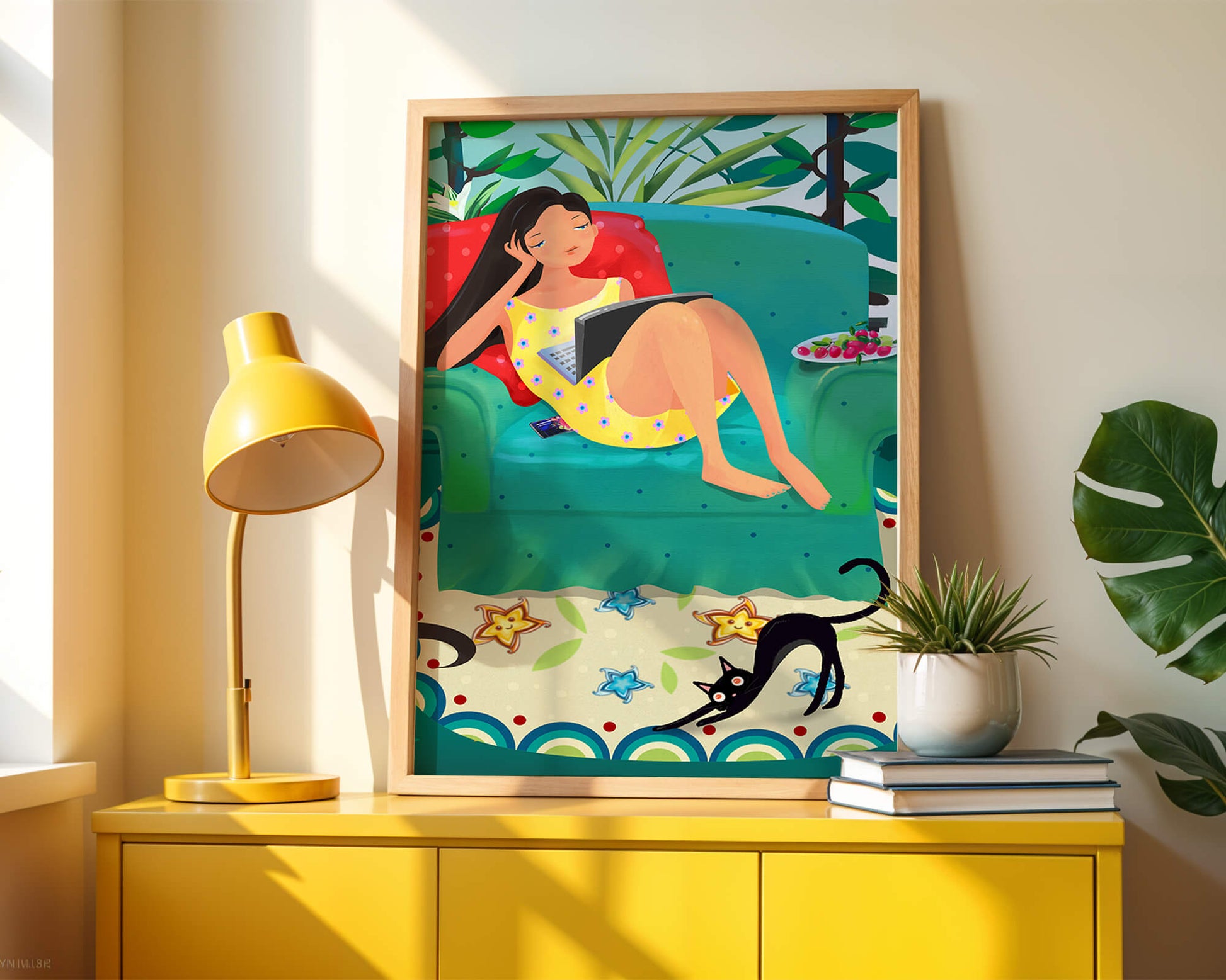 Young Woman Relaxing on Couch with Cat and Fruits in Vibrant Living Room
