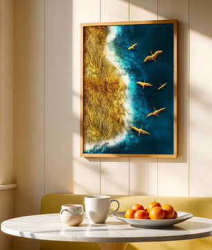 Golden beach landscape with vibrant ocean and flying seabirds