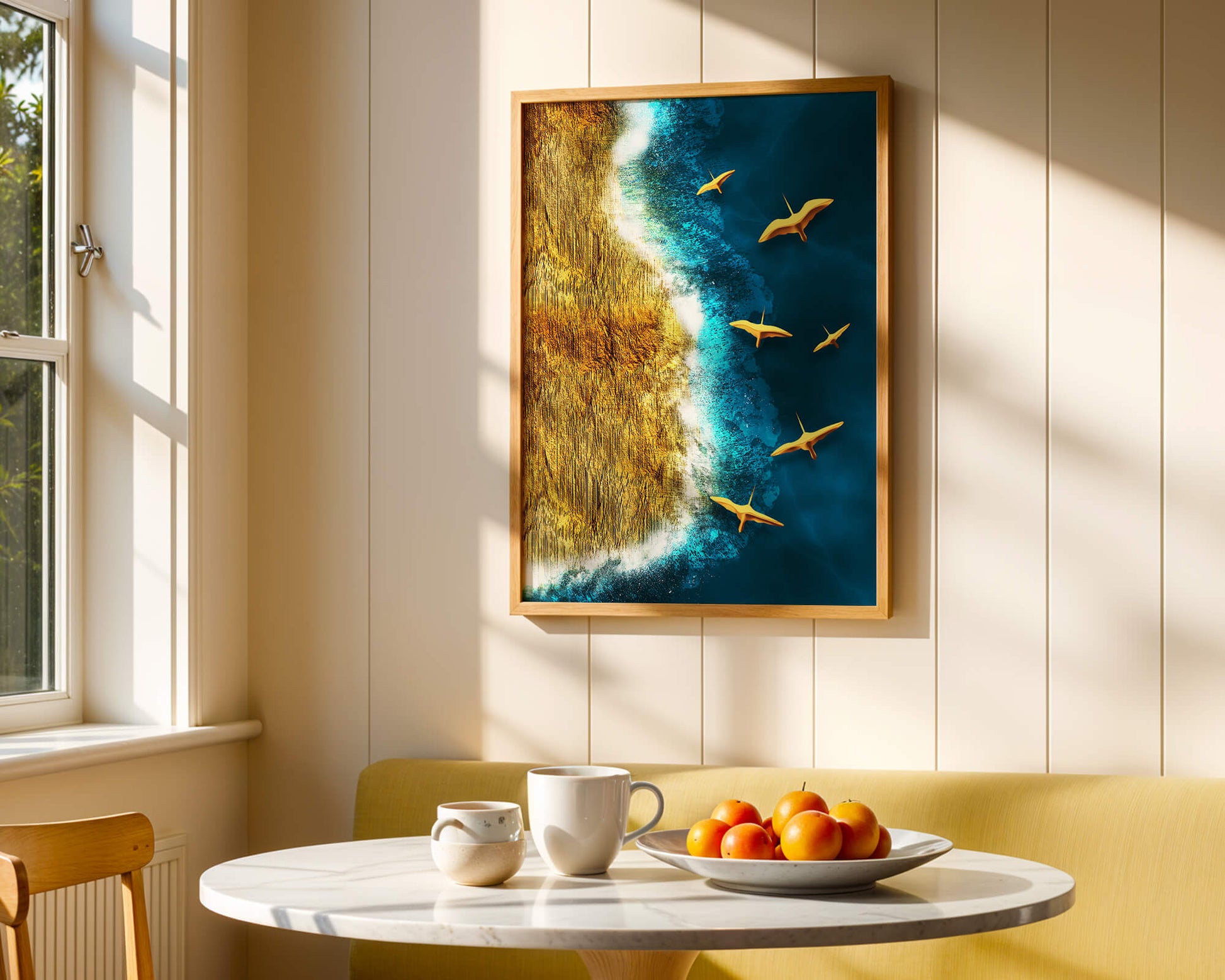 Golden beach landscape with vibrant ocean and flying seabirds
