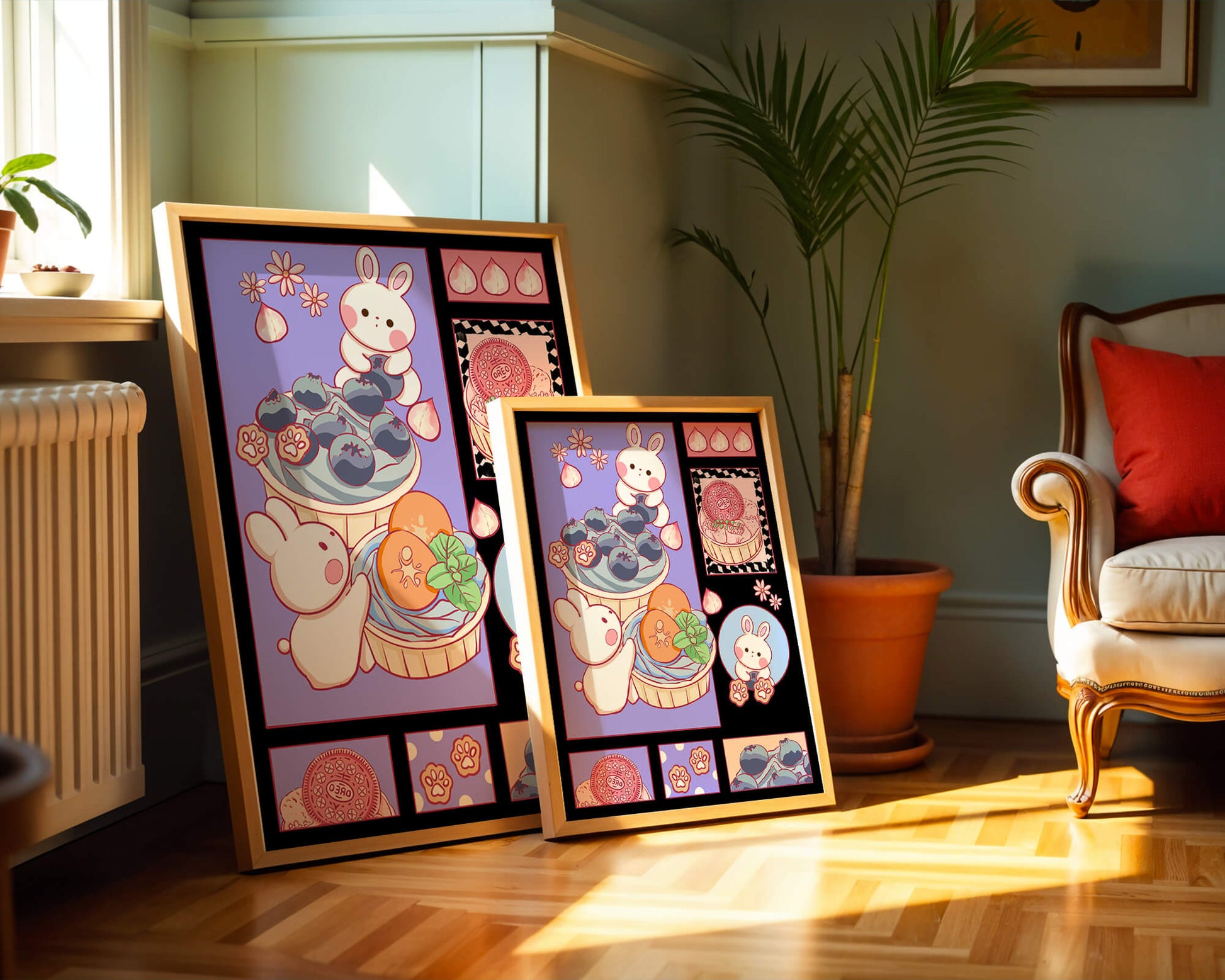 Conejos de dibujos animados encantadores con postres y arándanos